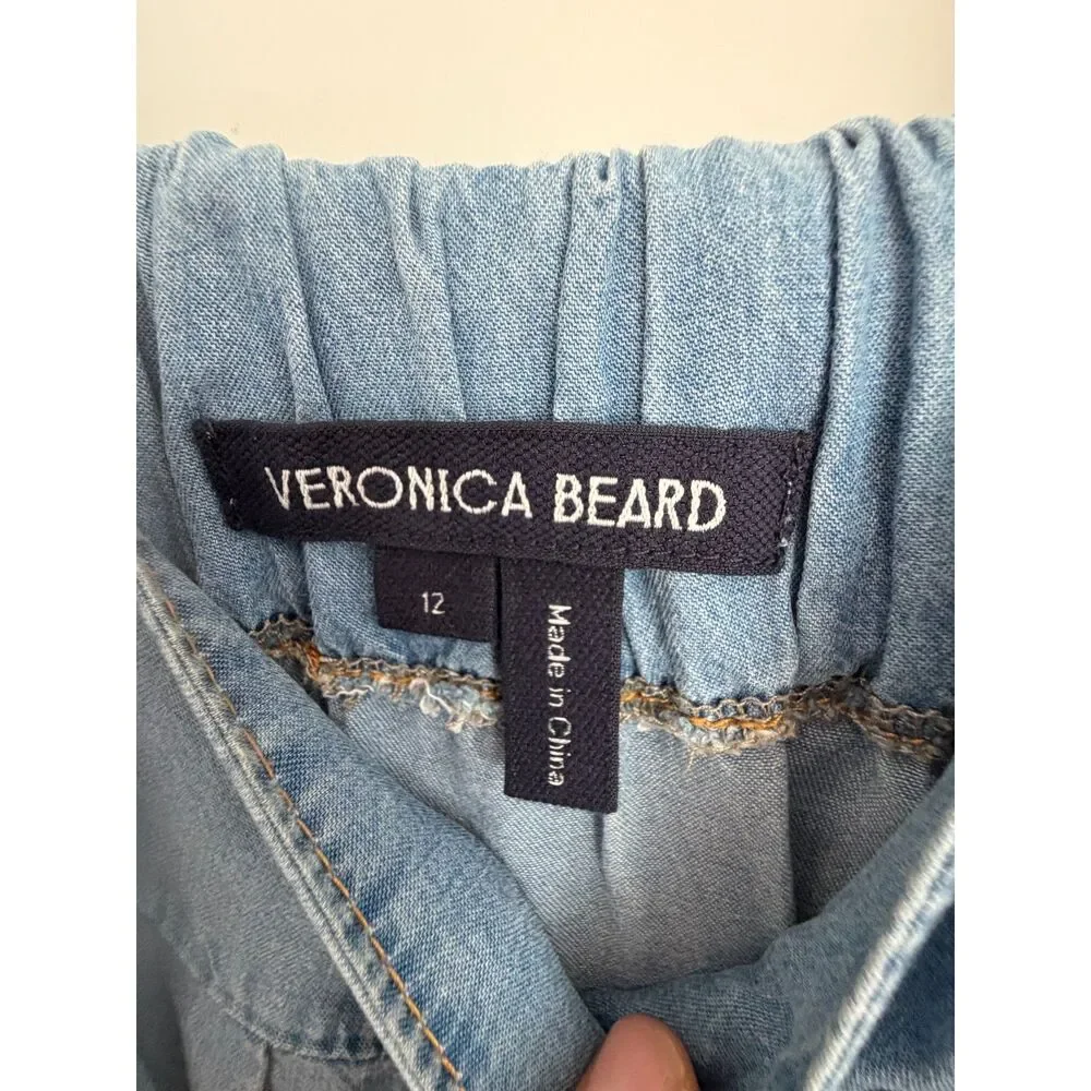 Veronica Beard Chambray Tiered Maxi Dress Size 12 Blue Denim Sundress Pockets